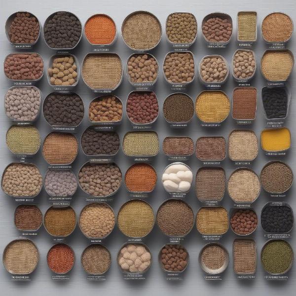 Various types of dog food kibble