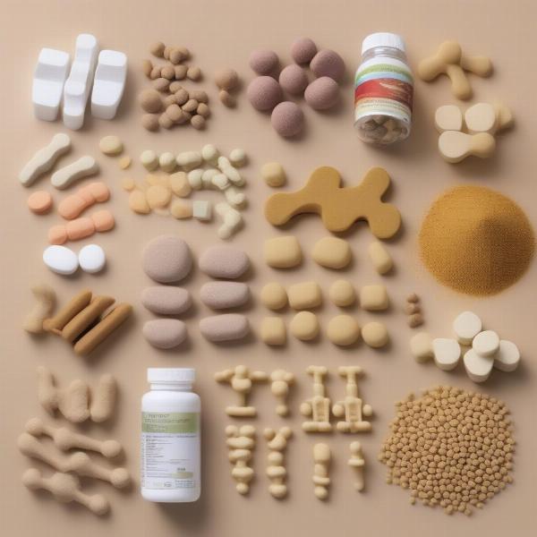 Various forms of joint supplements for dogs, including chews, pills, and powders.