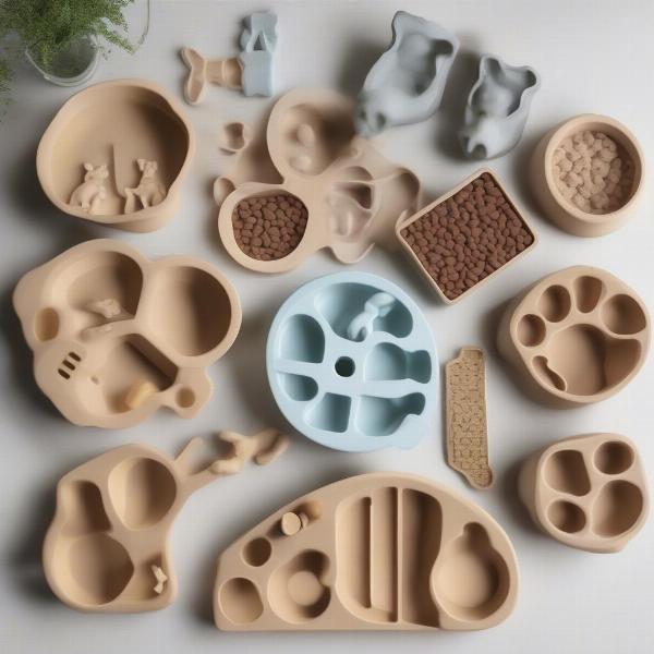 Various dog puzzle feeders on a table