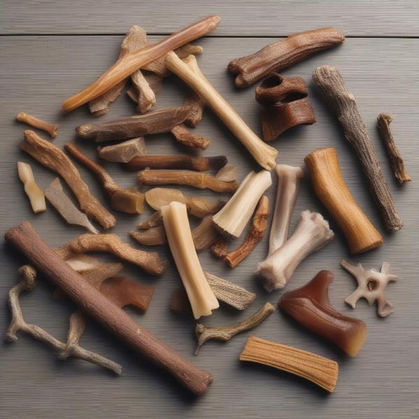 Various natural dog chews like bully sticks, antlers, and dried tendons.