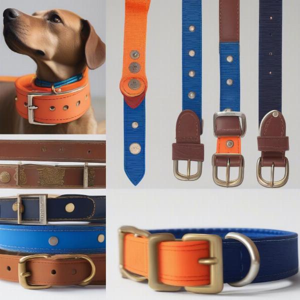 Different materials and styles of customised dog collars: leather, nylon, biothane, and metal