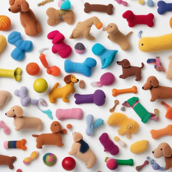 Various toys suitable for dachshunds, including plush, rope, and rubber toys.