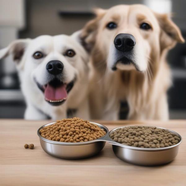 Different types of senior dog food: dry kibble and wet food