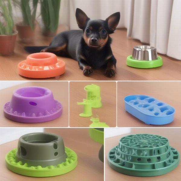 Various slow feeders for small dogs, including bowls, mats, and puzzles.