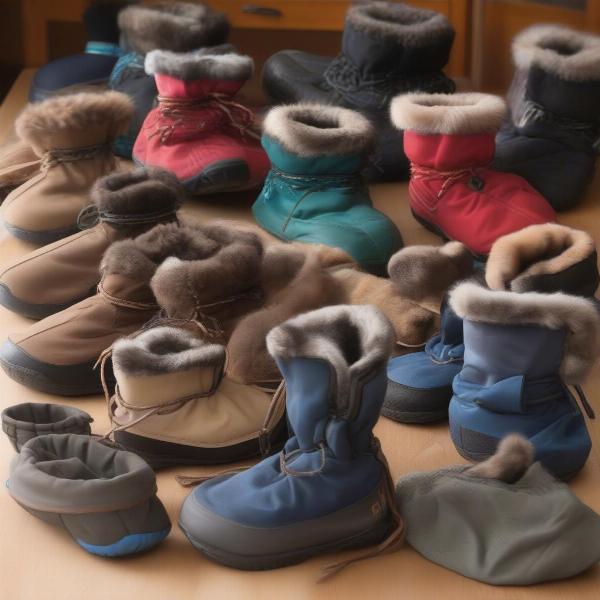 Various sled dog booties displayed on a table