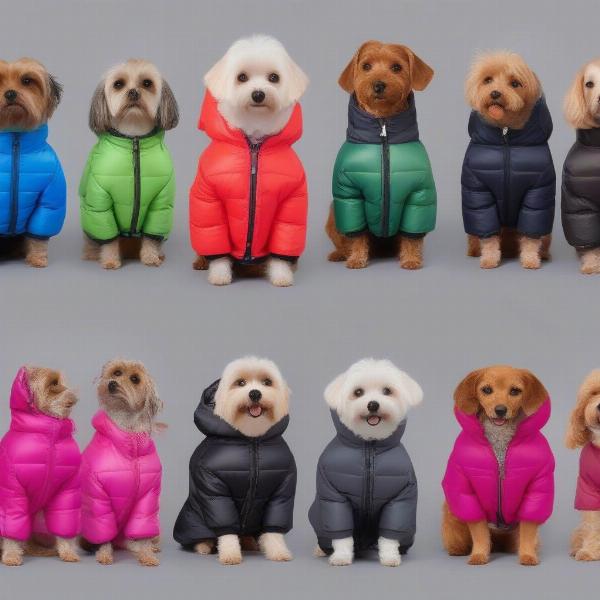 Different types of small dog jackets displayed