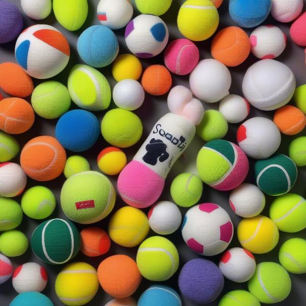 A variety of squeaky balls for dogs, showcasing different sizes, shapes, and materials.