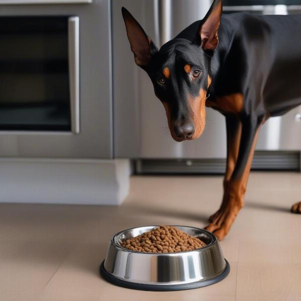 Doberman eating from a bowl