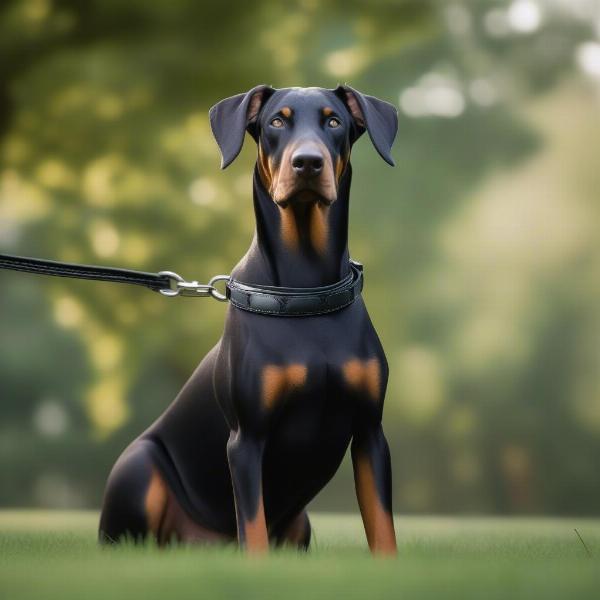 Doberman with martingale collar and leash