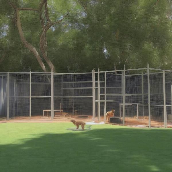 Dog adventure paddock with agility equipment and shade