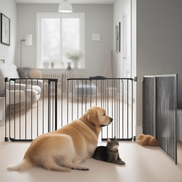 Dog and cat separated by a baby gate