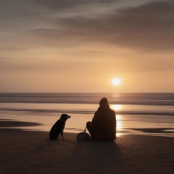 Dog and owner watching sunset on the Norfolk Coast