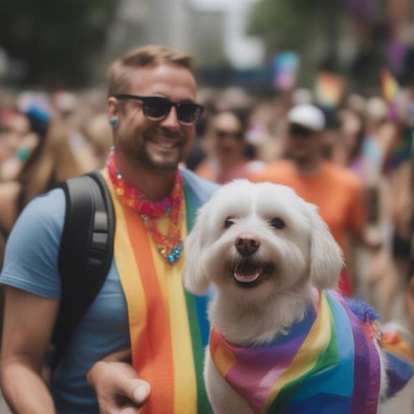 Dog and owner at pride parade.