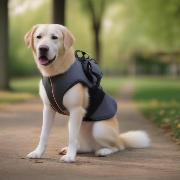 Dog wearing a protective vest.