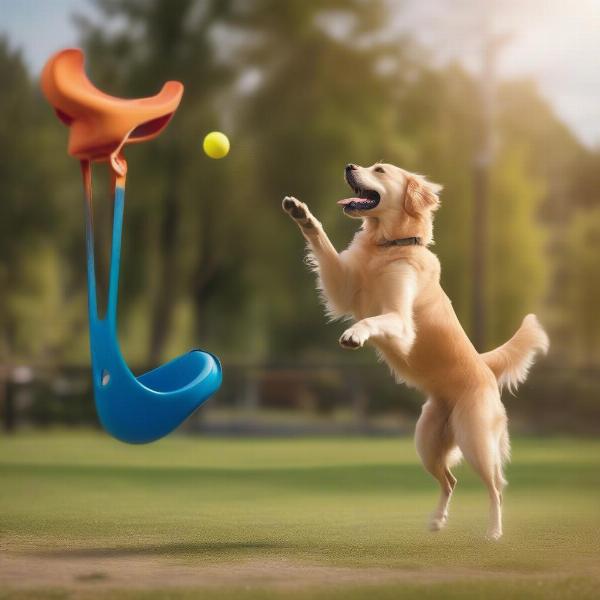 Dog throwing a ball with handle for easier throwing