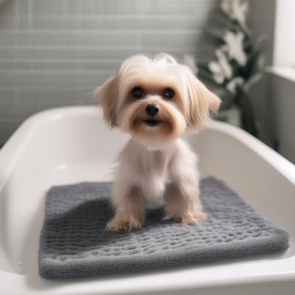 Dog comfortably standing on a bath mat inside a bathtub during bath time.