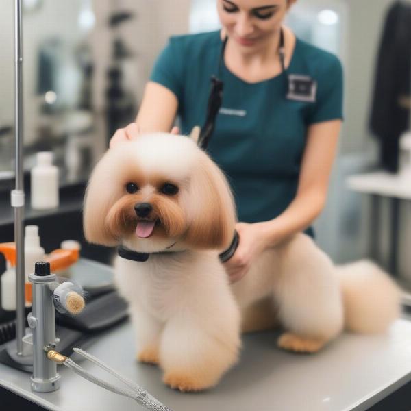 A groomer using an automatic brush on a small dog