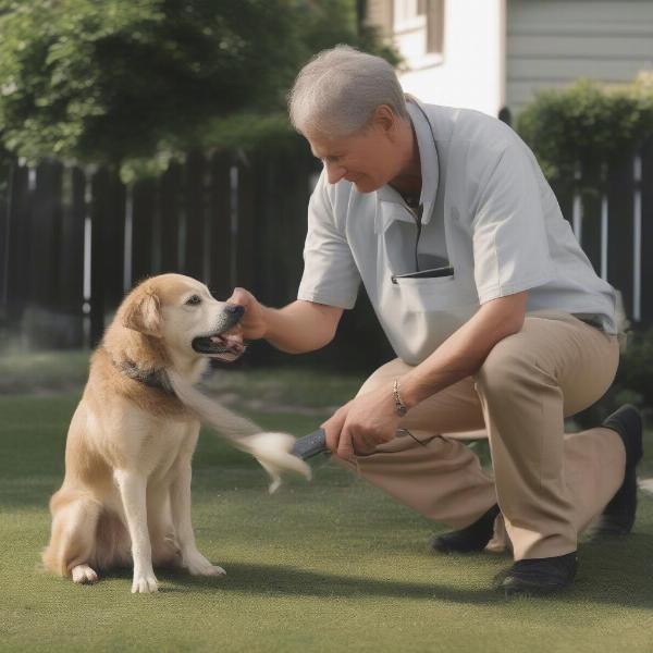 A dog meeting a mobile dog groomer for the first time.