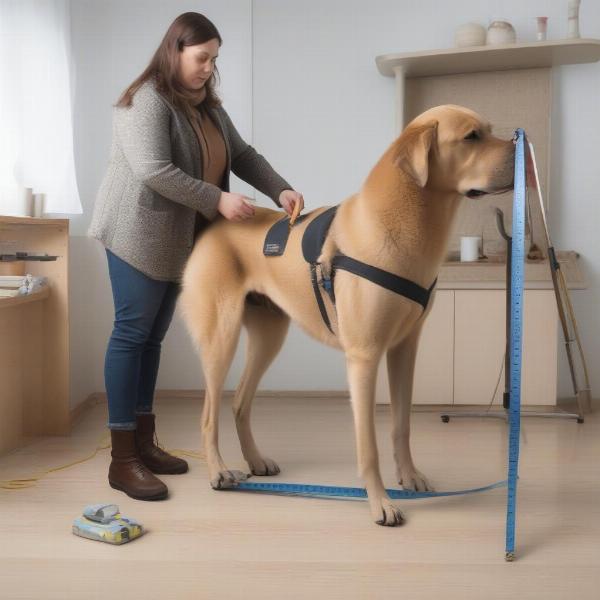 A dog being measured for a coat