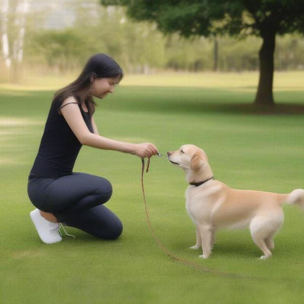 Dog being trained outdoors with treats