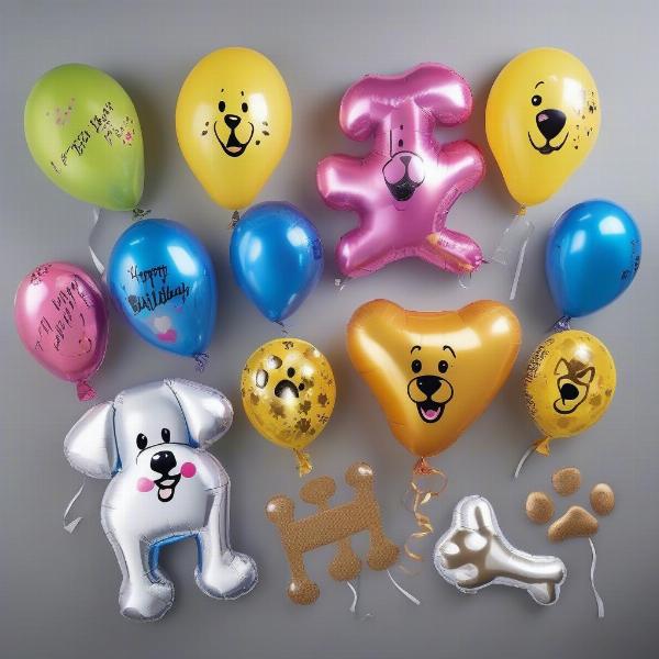 Dog birthday balloons in various shapes, sizes, and colors