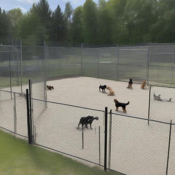 Dogs playing in a designated play area at a dog boarding facility in Newmarket Ontario.