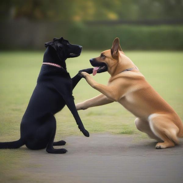 Two dogs interacting, demonstrating playful body language.