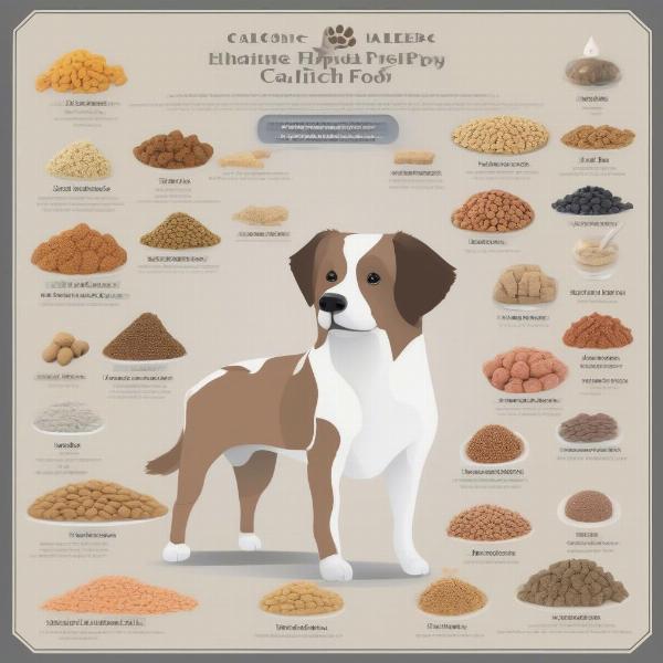 Dog breed nutrition: Images of different dog breeds with their appropriate food types.