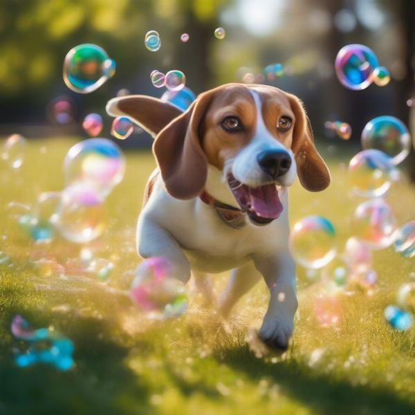 Dog playing with bubbles in the park