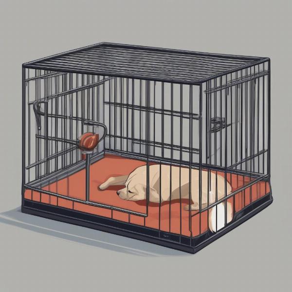 Comfortable dog cage setup with bedding and toys.