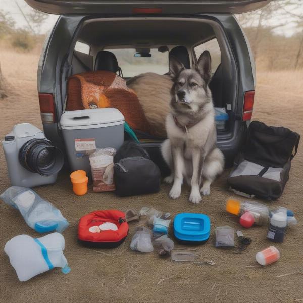 Essential items for traveling with a dog in a caravan, including food and water bowls, bed, toys, and a first-aid kit.