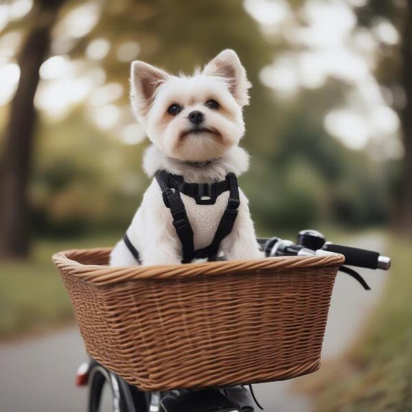 Dog in a front basket on an electric bike