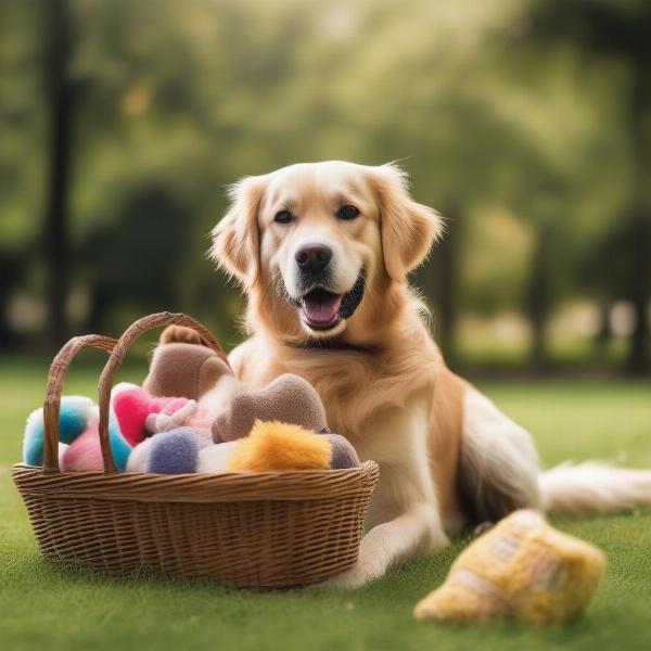 Dog Carrying Toys in a Basket