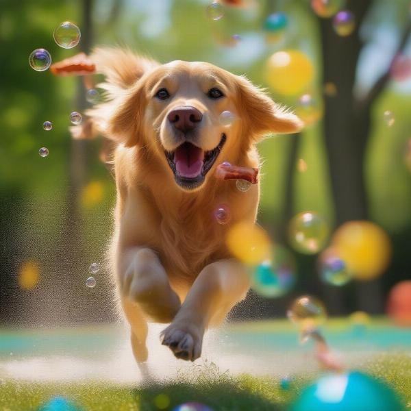 Dog chasing bubbles in the park