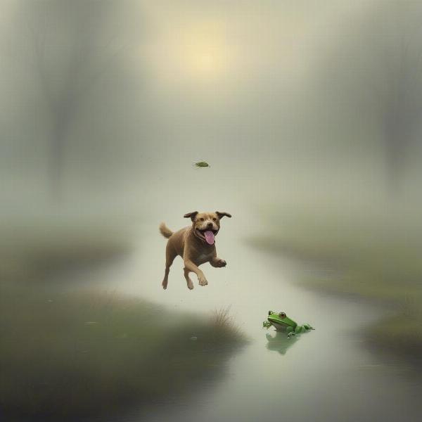 Dog Chasing Frog in Fog