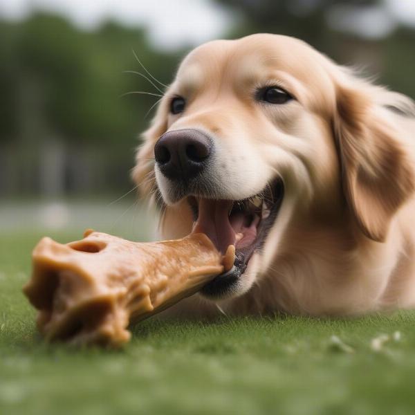 Dog happily chewing a bone