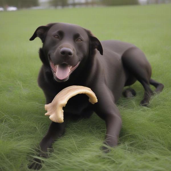 A happy dog chewing on a buffalo ear