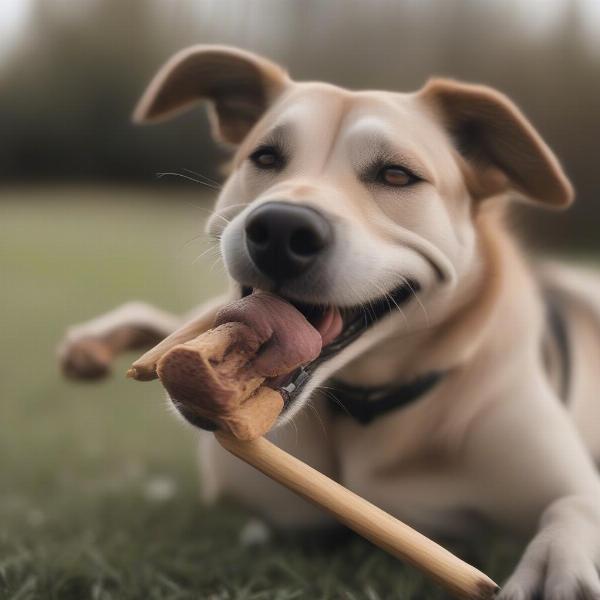 A dog safely chewing on a bully stick under supervision.