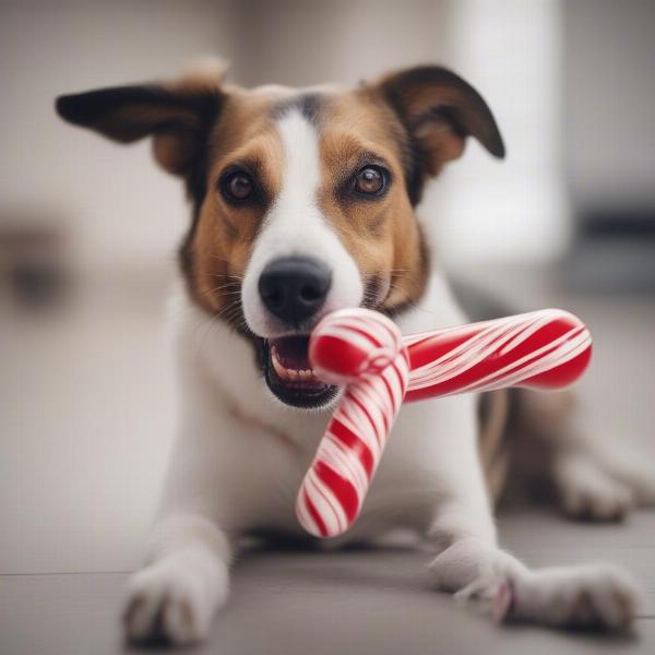 Dog chewing a candy cane toy with potential hazards highlighted