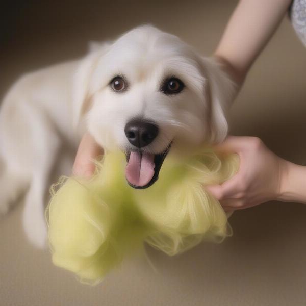 Dog happily chewing on a loofa toy