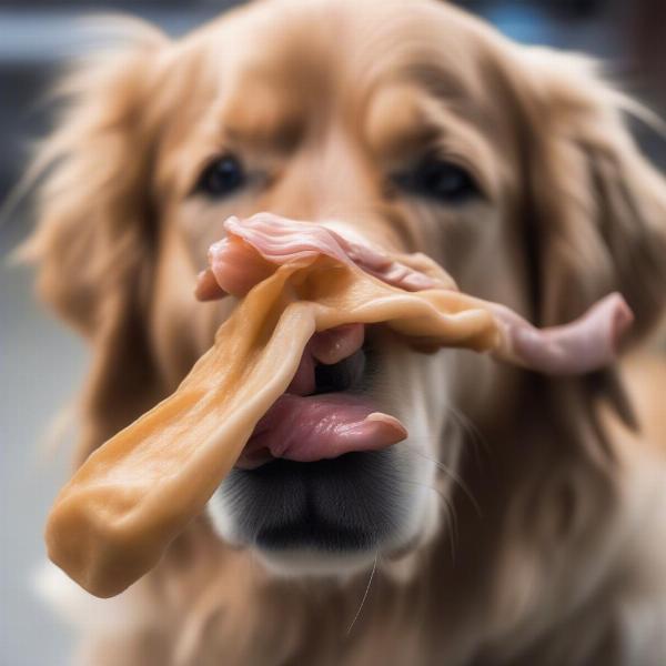 Dog happily chewing on a pig ear