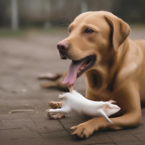 Dog chewing on a rabbit foot