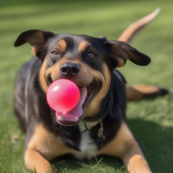 Dog happily chewing a durable rubber toy