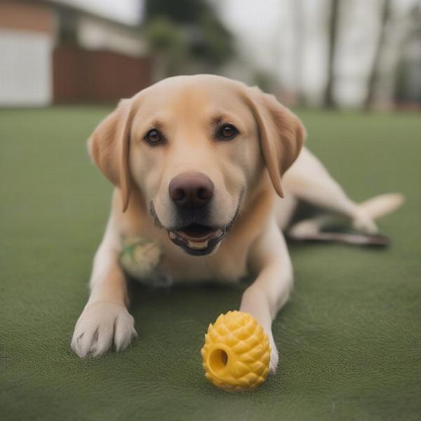 A dog safely chewing on a durable pineapple toy.