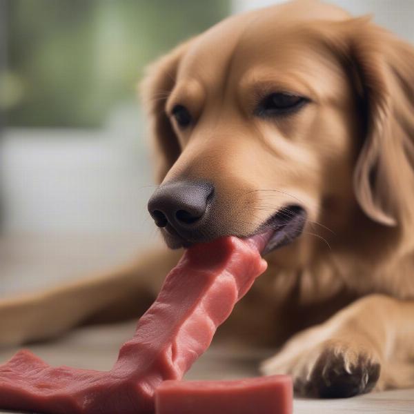 Dog happily chewing a steak toy