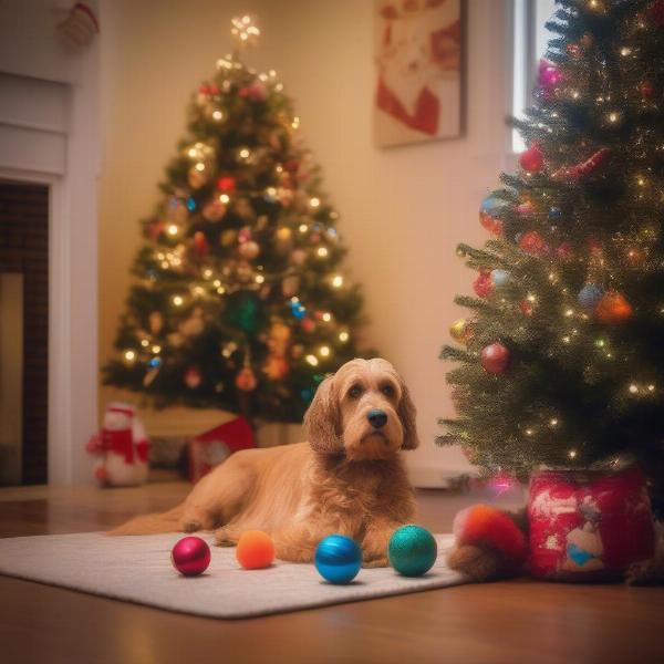 Small artificial Christmas tree decorated with dog treats and toys.