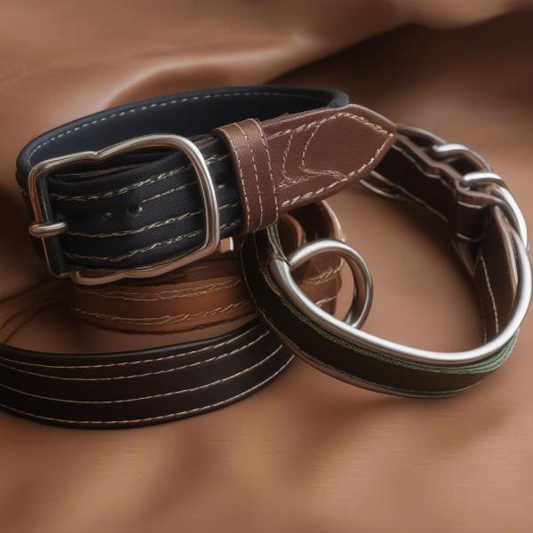 Comparing dog collar materials: leather, nylon, metal.