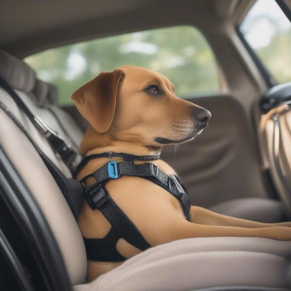 Dog comfortable in the back seat of a car with a toy