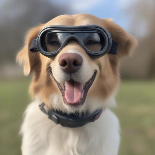 Dog comfortable with goggles and holder