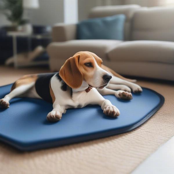 Dog relaxing on a cooling mat